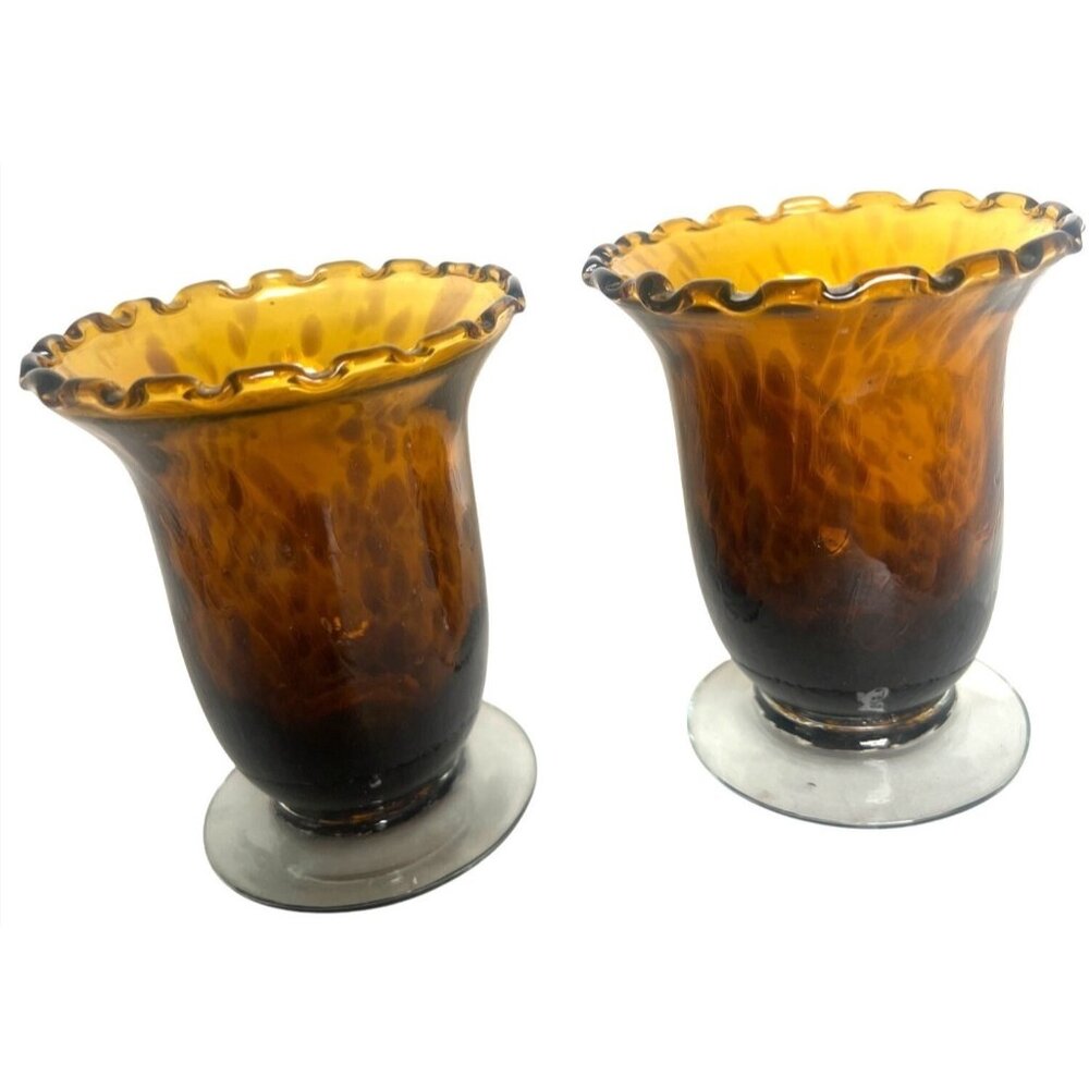 Art Glass Vases Two Amber Colored Shell Swirl Ruffled Edge Clear Pedestal Base‎